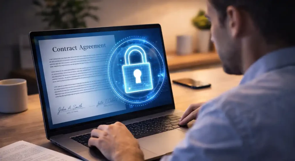 A remote professional reviewing a digital contract on a laptop with a glowing padlock icon overlay, representing secure notarization in 2026's decentralized economy.